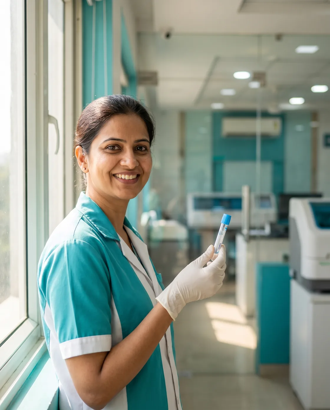 A Choice Pathlab lab technician holding a sample tube in a modern diagnostic centre in Bhopal