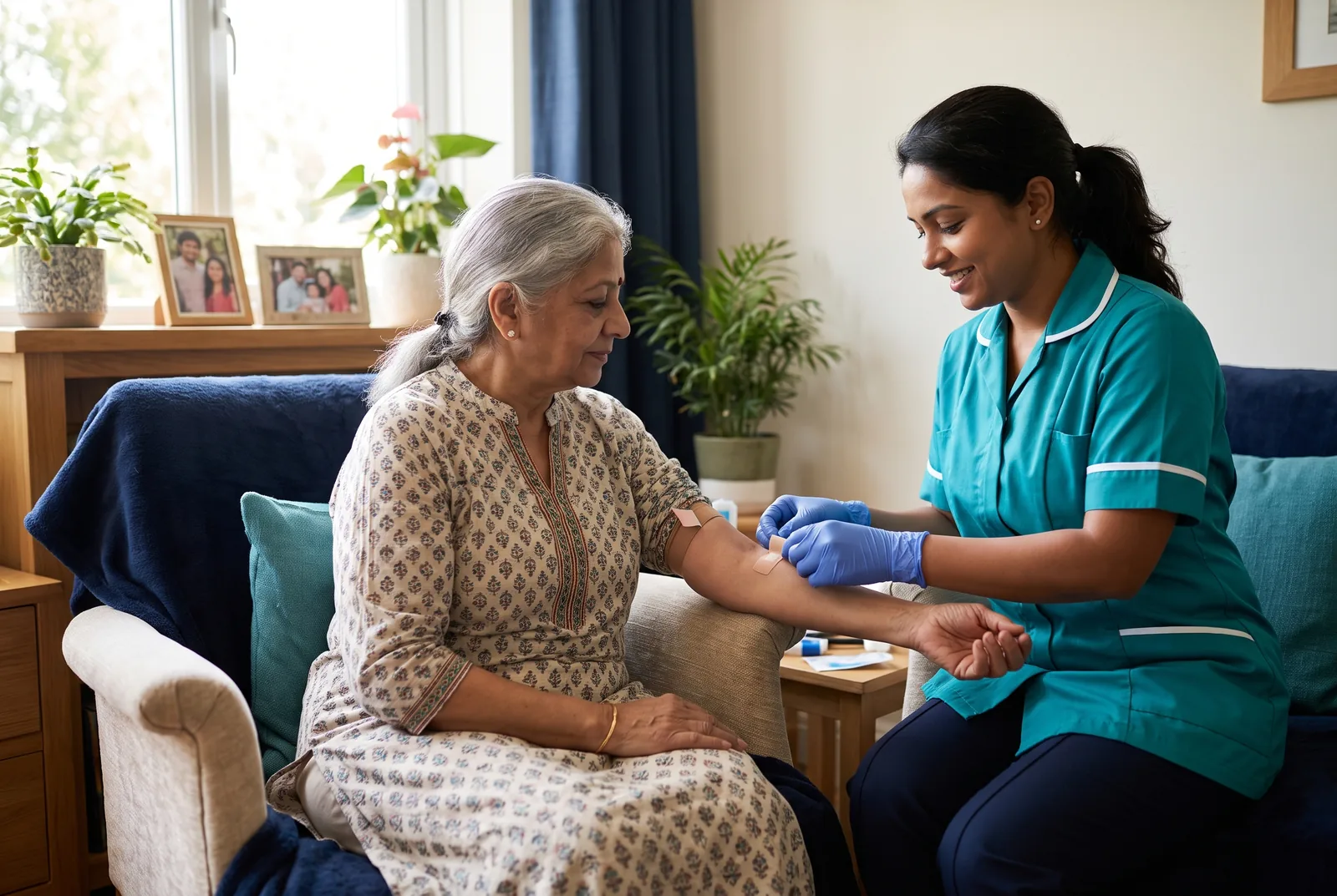 A Choice Pathlab technician gently collecting a blood sample from an elderly patient at home in Bhopal