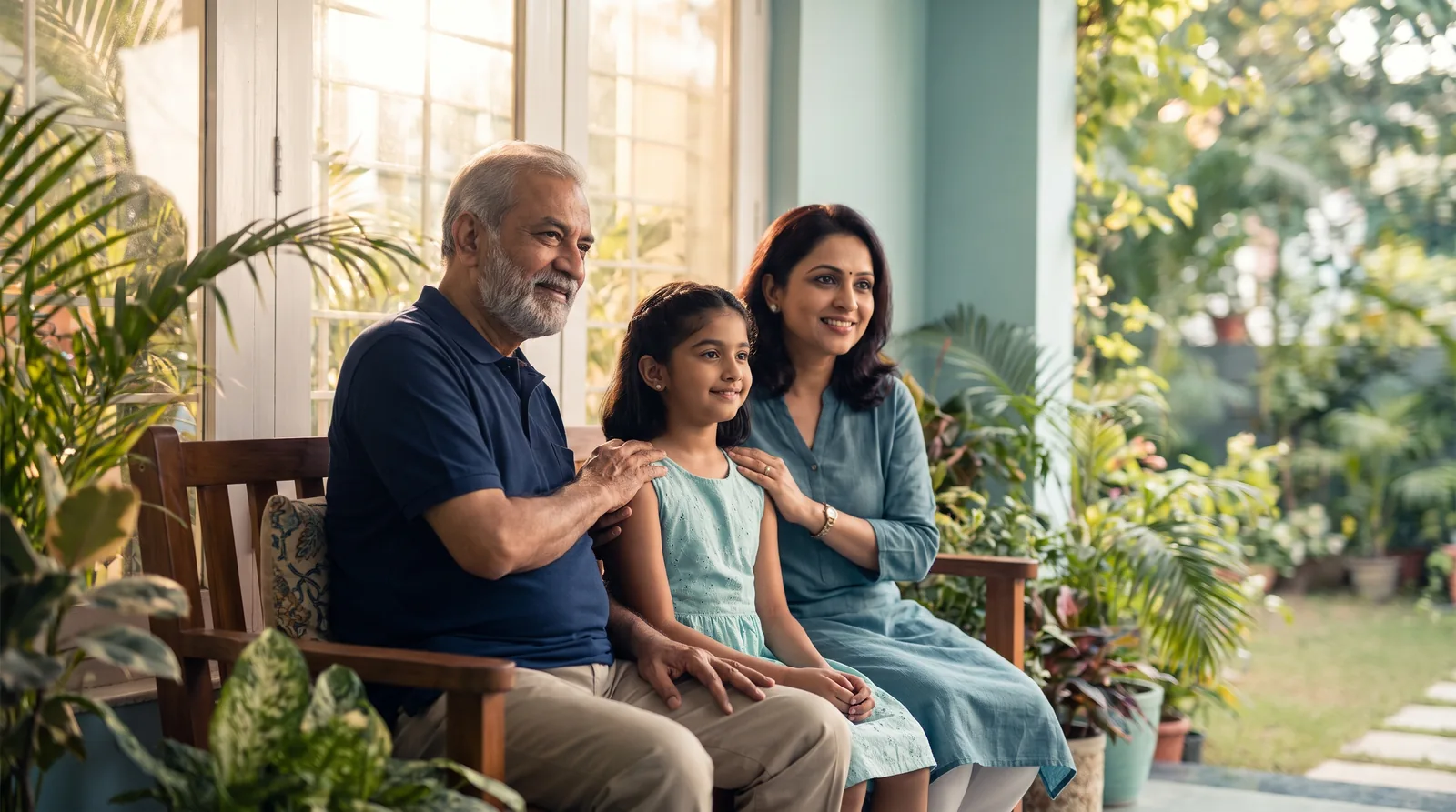 A healthy multi-generational Indian family sitting together at home in soft morning light